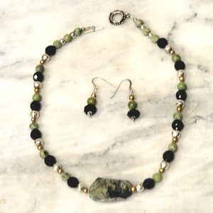 Jade Pearl Sterling Sterling Necklace Earring Set Rutimated Quartz Crystal 925